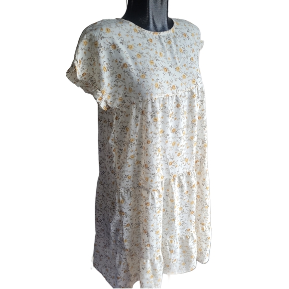 Cream and Yellow Floral Print Ruffled Short Sleeve Dress M - Picture 2 of 5